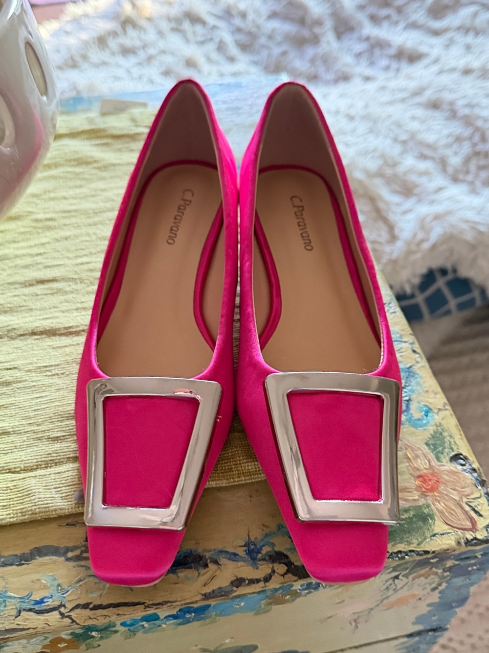 C. Pavarano Hot Pink Square-Toe Flats with Silver Accent